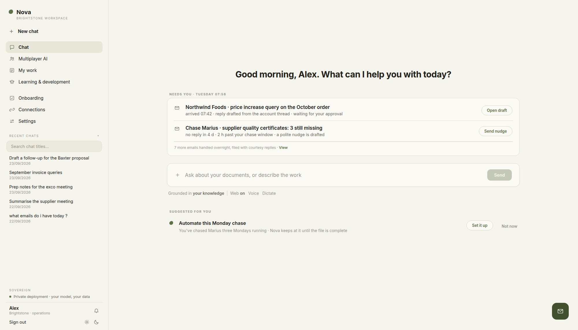 domayne ai Chat: Nova's morning view lists a reply drafted for approval and an overdue supplier chase with the nudge written, above the message box.