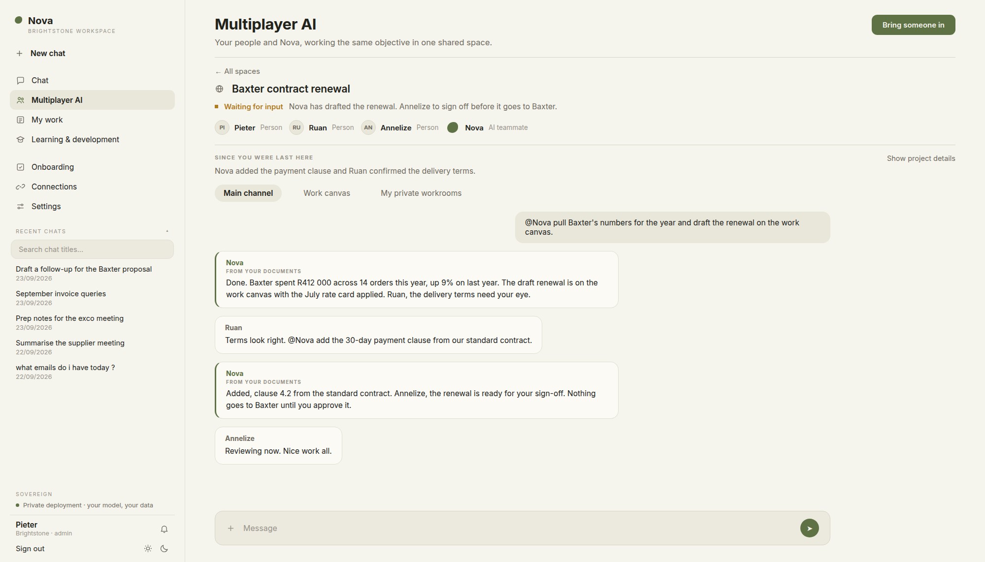 domayne ai Multiplayer AI: three colleagues and Nova work on a contract renewal in one shared space, with Nova pulling the numbers and citing documents.